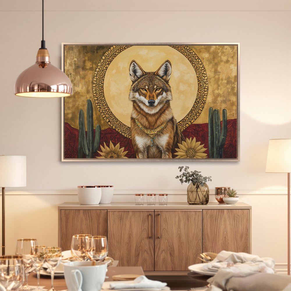 Framed Wall Art: Majestic coyote portrait in warm desert tones. Add a touch of Southwestern style to your space with this stunning canvas print.