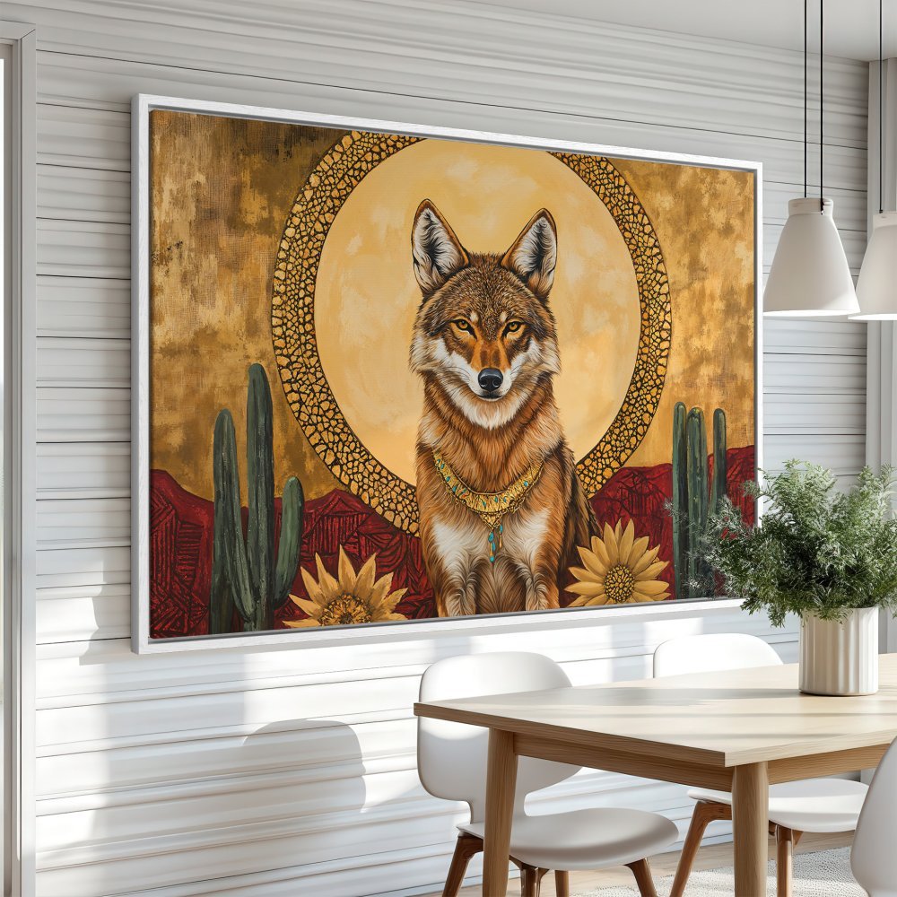 Framed Wall Art featuring a majestic coyote in a desert landscape. Earthy tones and a touch of gold create a stunning, artistic Canvas Print.