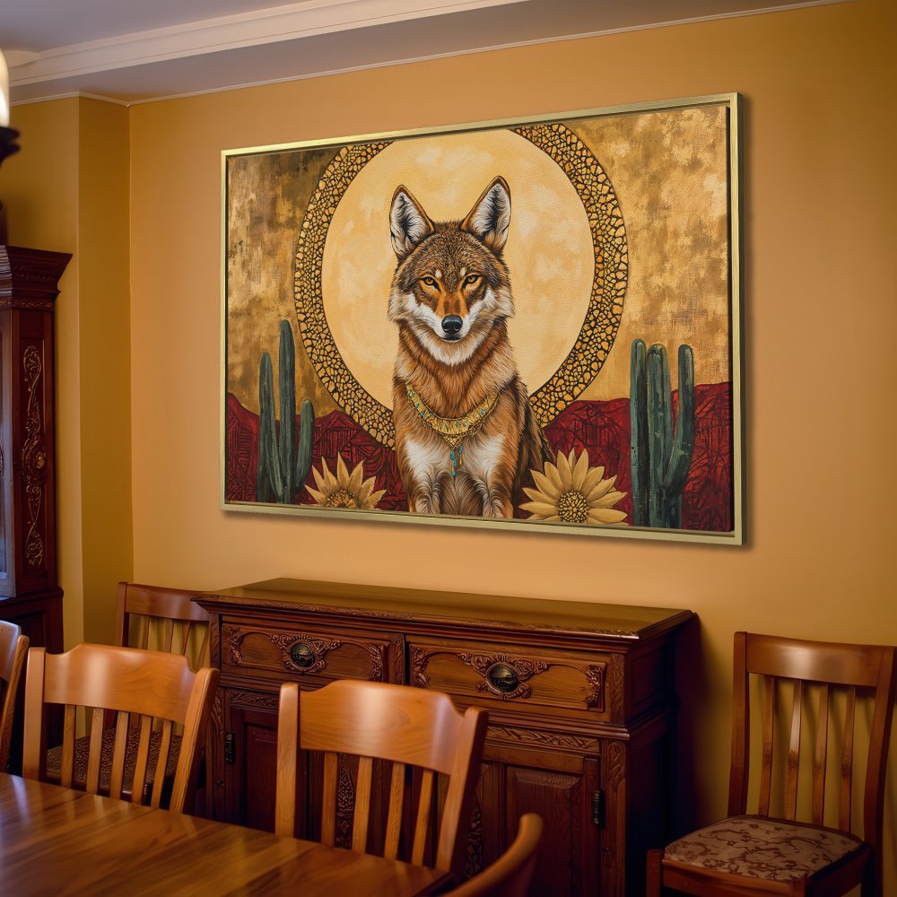Canvas Print featuring a majestic coyote in a Southwestern style, warm gold and earthy tones, perfect wall art for your home.