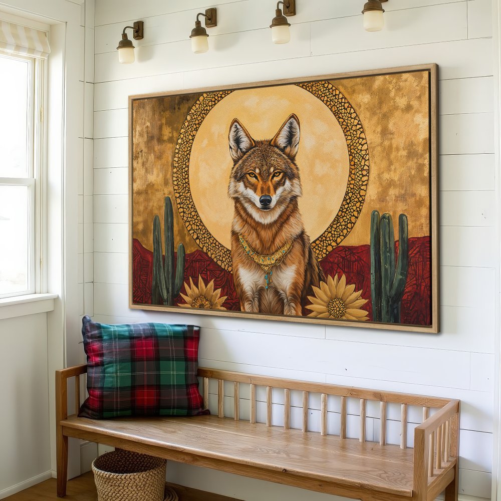 Framed Wall Art: Majestic coyote portrait in warm gold and earthy tones. Southwestern style canvas print for home decor.