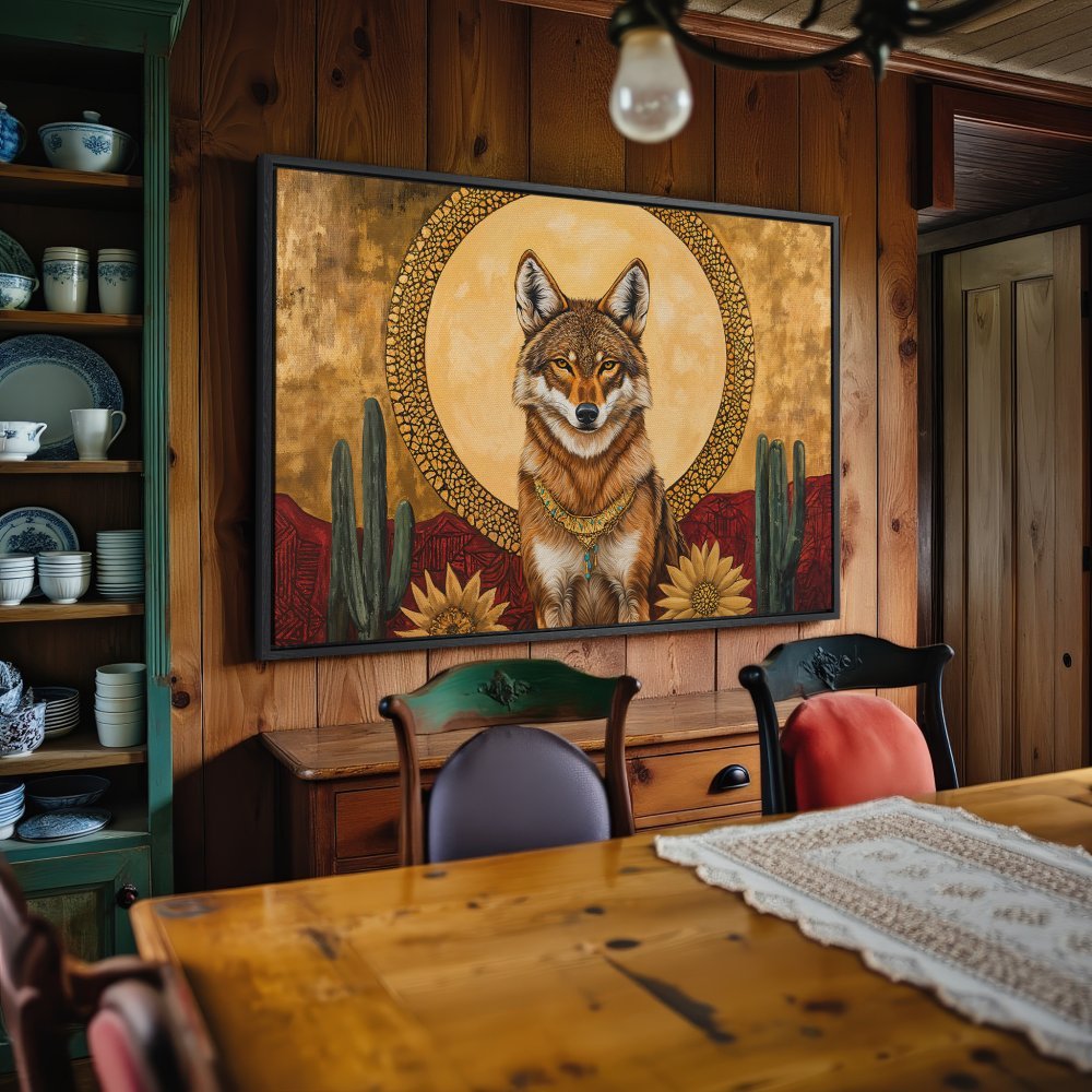 Framed Wall Art: Majestic coyote portrait in warm gold, brown, and red tones. Southwestern style Canvas Print adds rustic charm to any room.