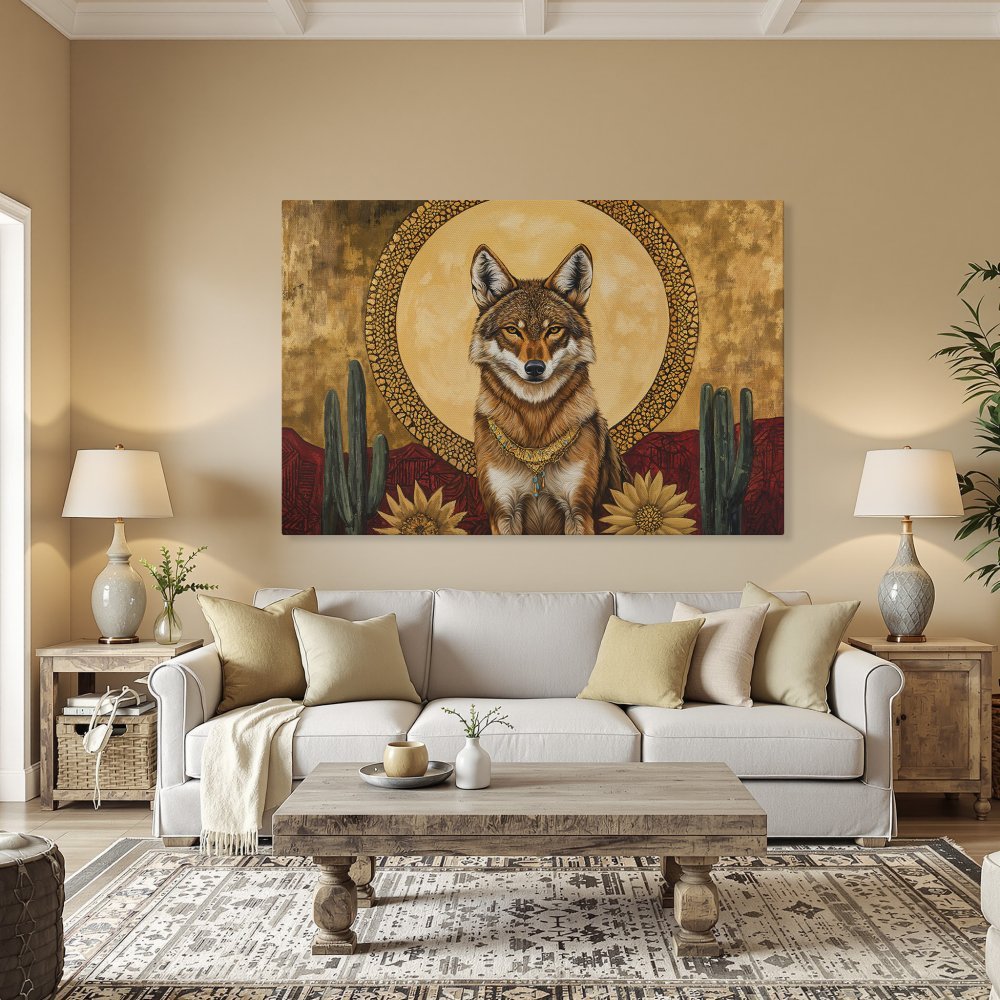 Framed Wall Art: Majestic coyote portrait in warm desert tones. Elevate your space with this stunning Canvas Print, featuring a vibrant gold, red, and brown palette.