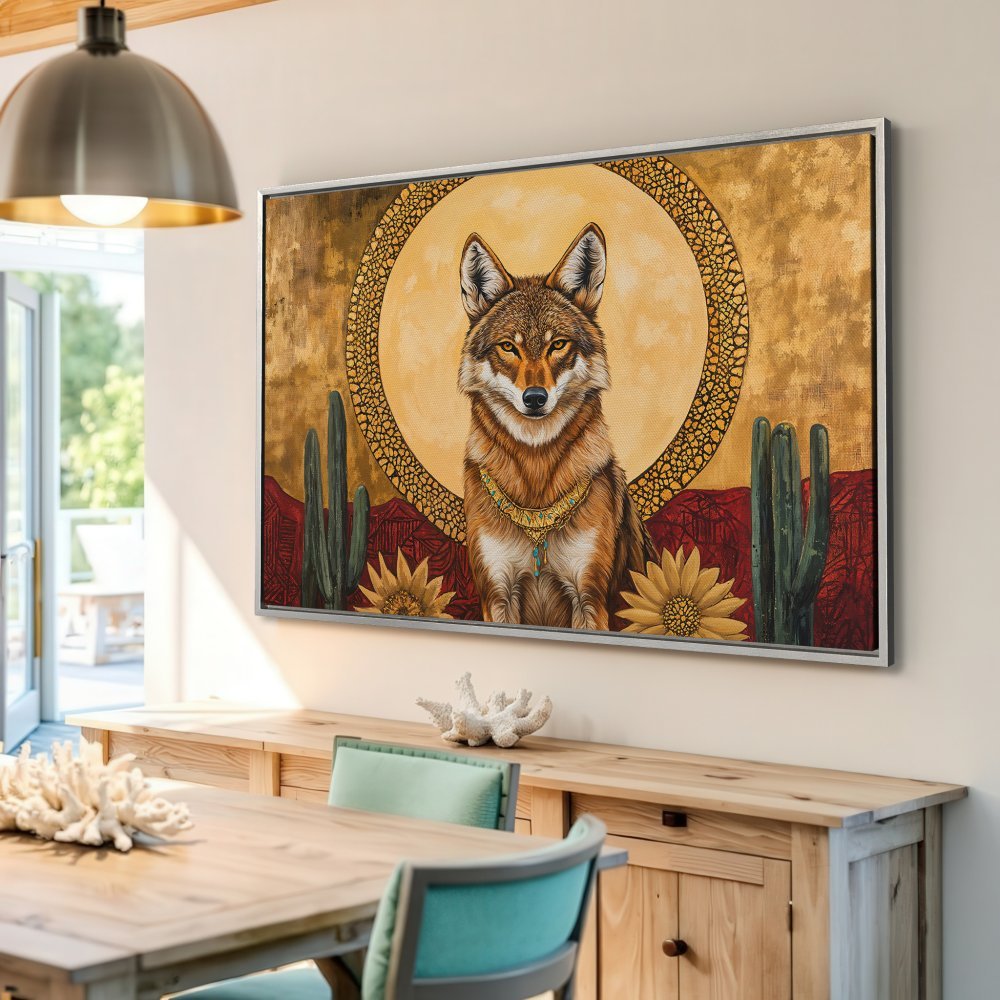 Framed Wall Art: Majestic coyote portrait in warm gold, brown, and red tones. Southwestern style Canvas Print adds a touch of wild beauty to any space.