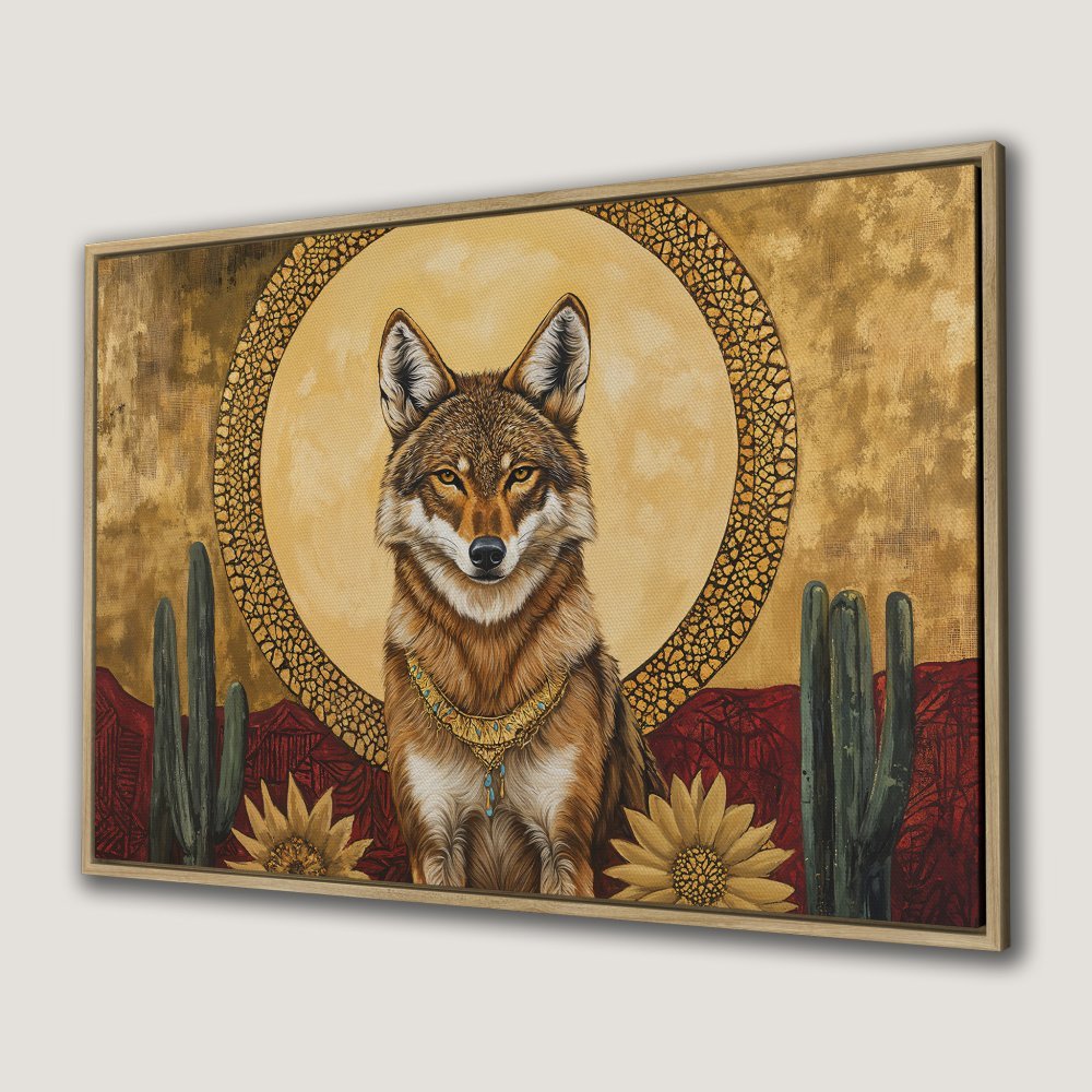 Framed Wall Art: Majestic coyote portrait in warm gold, brown, and red tones. Desert-inspired canvas print perfect for any space.