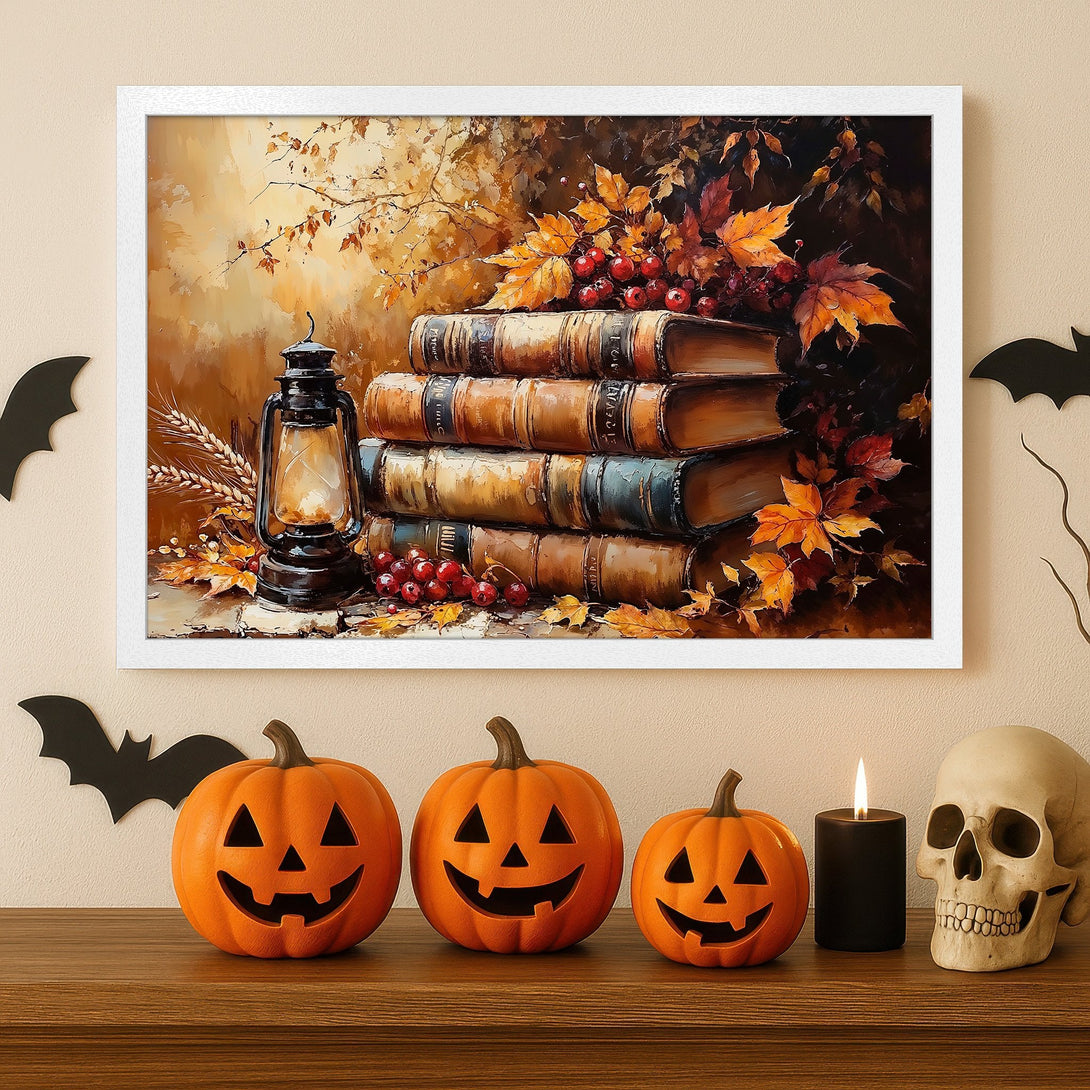 Framed Poster featuring a still life of books, leaves, and berries in warm autumn tones. Perfect fall decor!