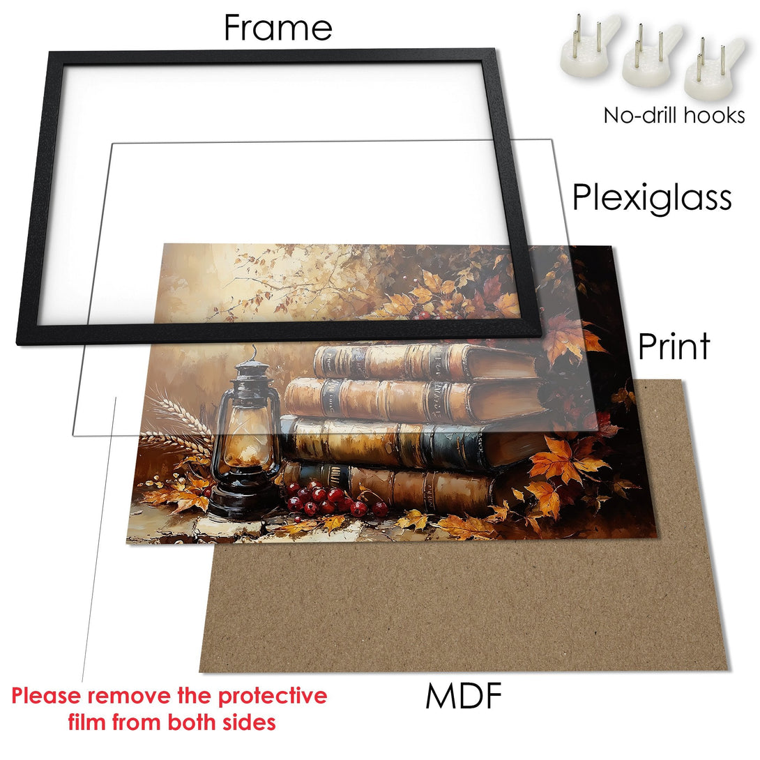 Framed Poster featuring a cozy autumn scene with books, lantern, and warm color palette. Perfect wall art.