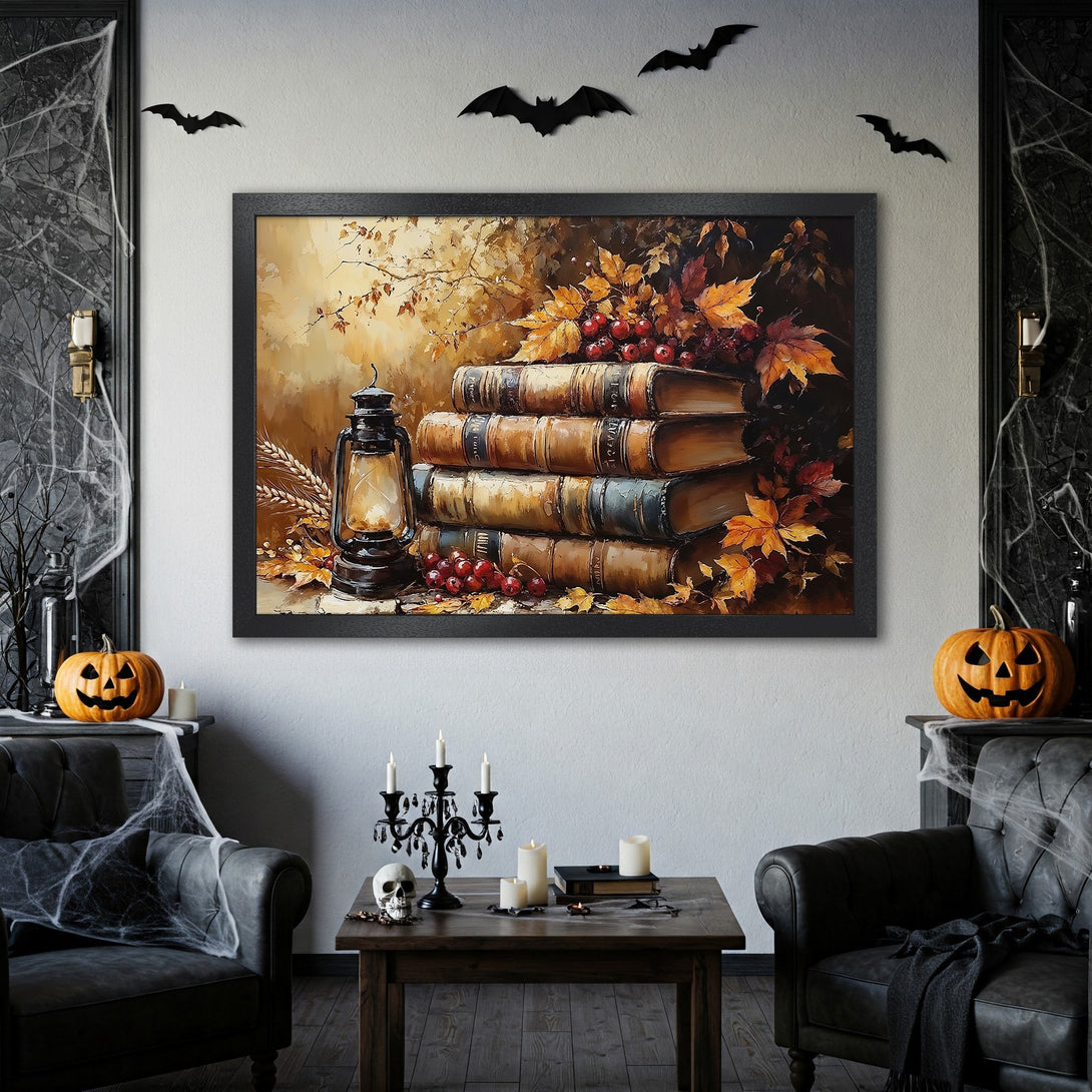 Framed Poster featuring a still life of books, leaves, and lantern. Warm, autumnal color palette. Perfect Halloween decor!