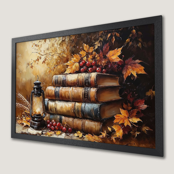 Framed Poster of autumn still life. Warm color palette with books, leaves, and berries. Perfect fall decor.