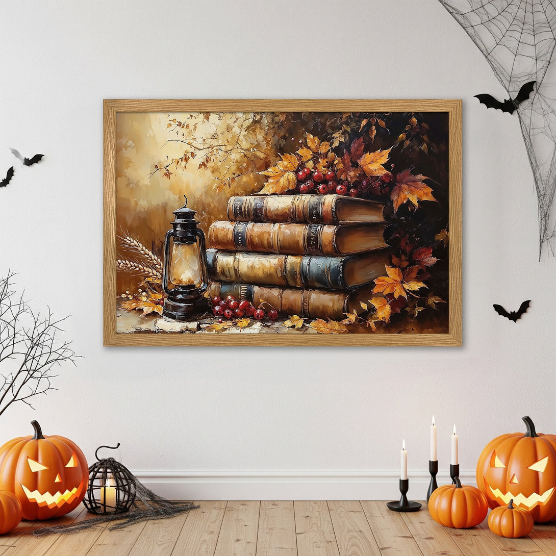 Framed Poster featuring a still life with books and autumn leaves, warm color palette. Perfect fall decor!
