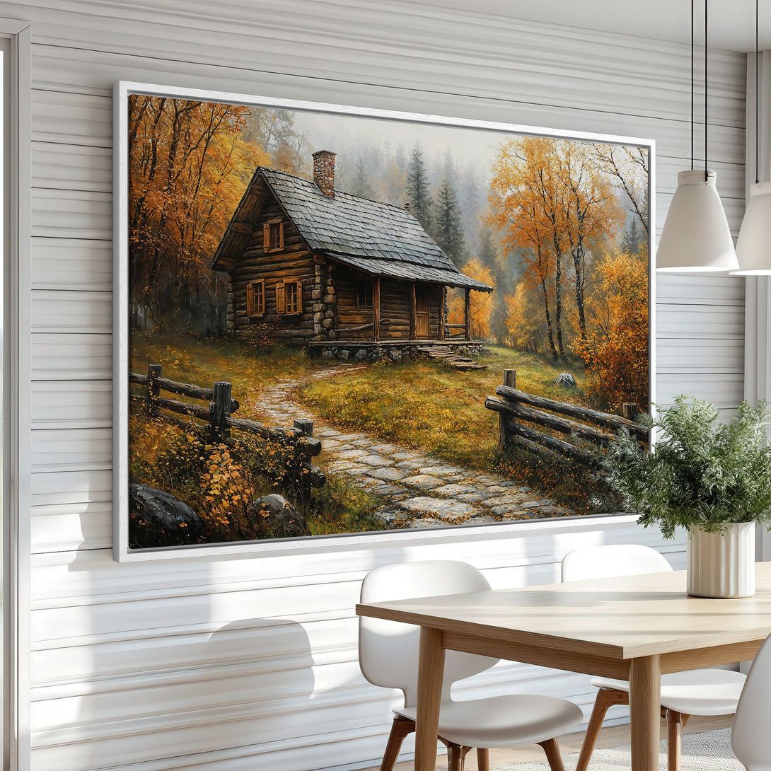 Framed Wall Art: Rustic cabin scene in autumn colors. Warm, inviting landscape art with a cozy, painterly style. Perfect for adding charm to any space.