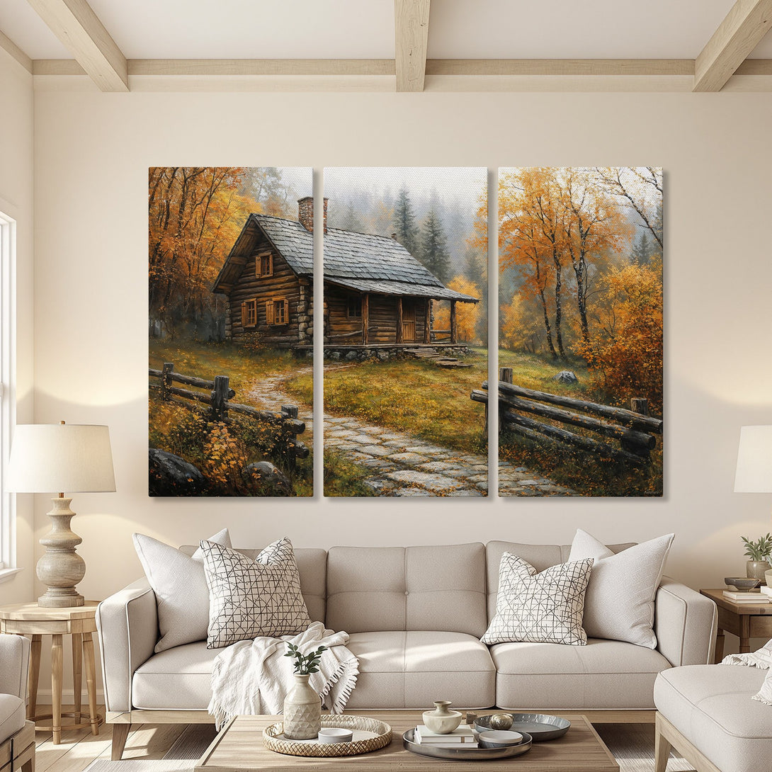 Canvas Print of a rustic cabin in an autumn forest. Warm, inviting color palette of oranges, browns, and greens. Perfect for cozy home decor.