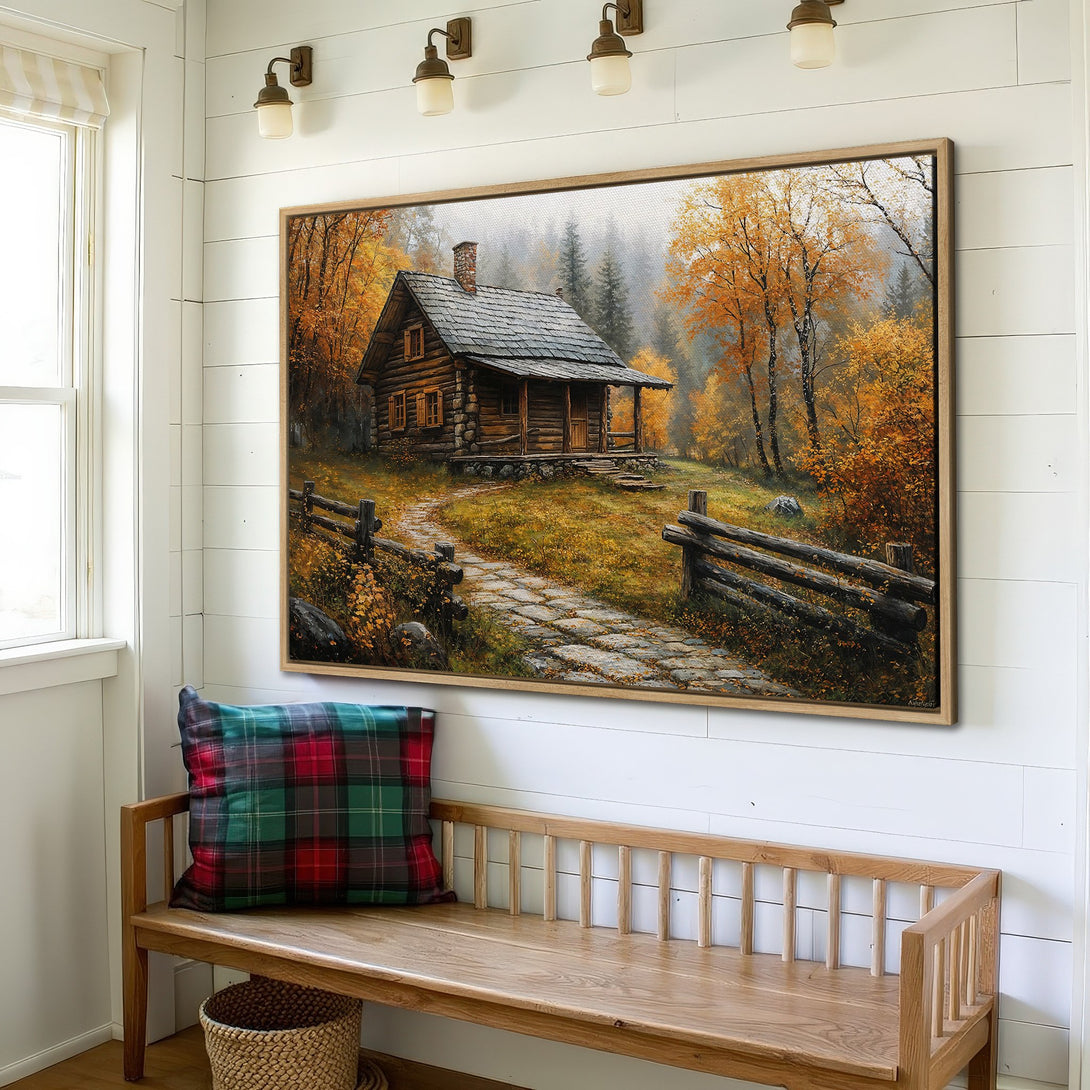 Framed Wall Art: Rustic cabin scene in warm autumn colors. Landscape Canvas Print adds cozy charm to interior decor. Earthy tones & nature-inspired art.