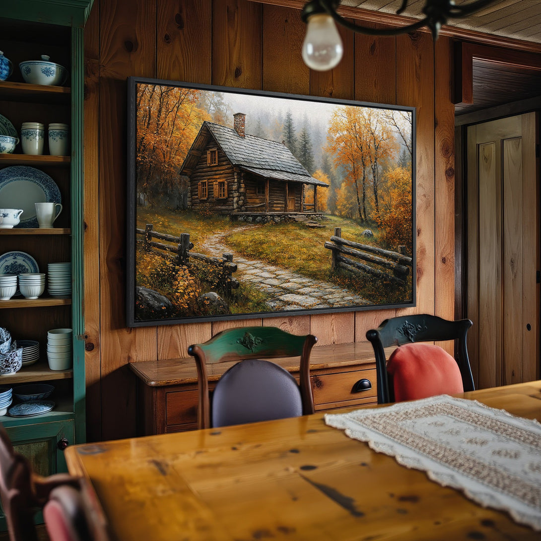 Framed Wall Art: Rustic cabin landscape in warm autumn colors. Perfect for adding a cozy, inviting touch to your home decor.