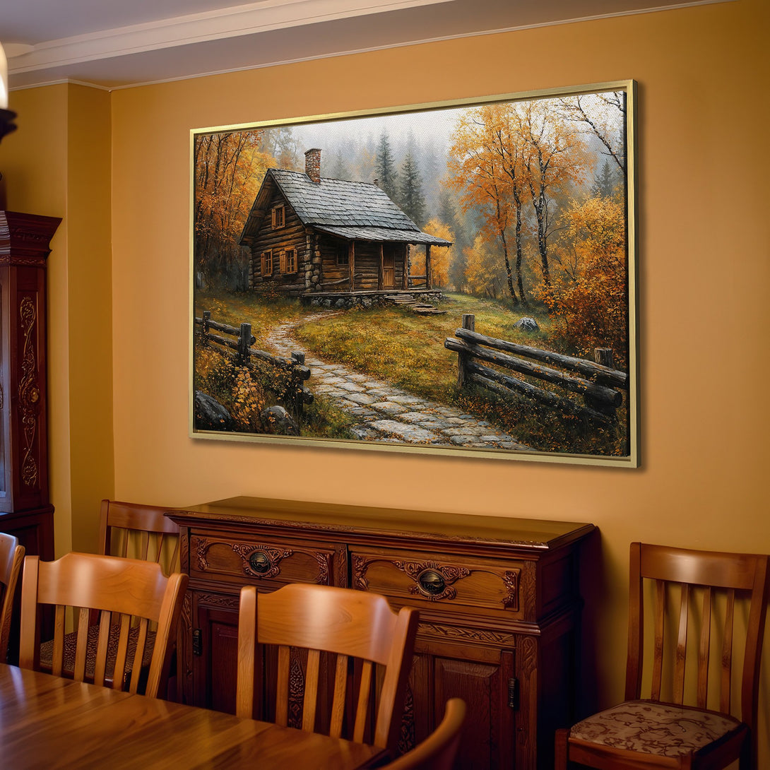 Canvas Print of a cozy cabin in autumn, warm earthy tones. Rustic wall art for a welcoming home.