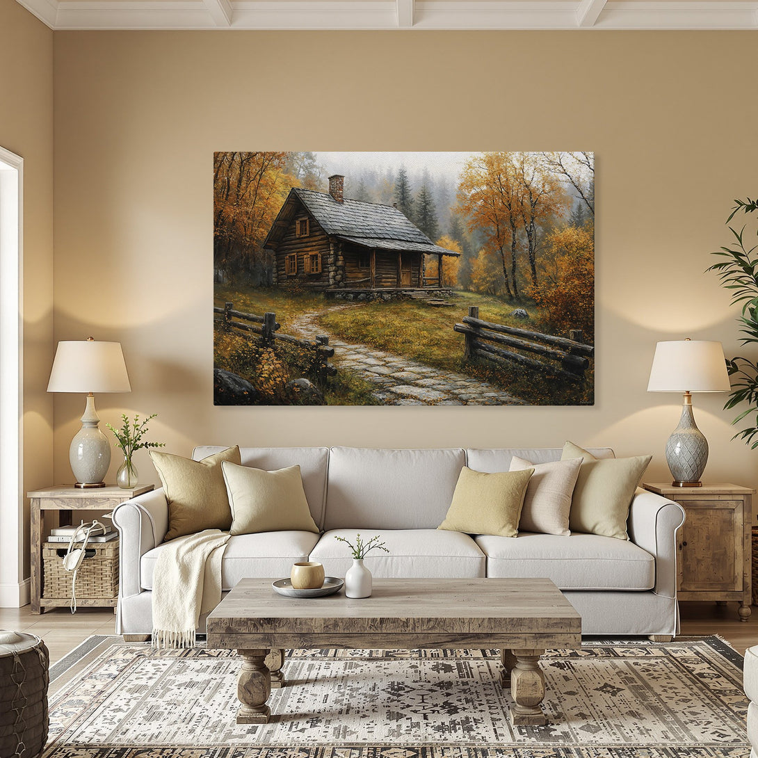 Framed Wall Art: Rustic cabin landscape Canvas Print in warm autumn colors. Bring the cozy vibes of fall into your home!