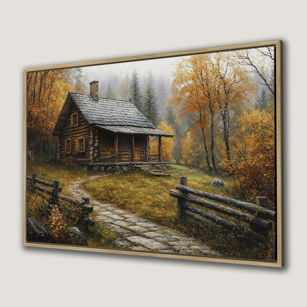 Framed Wall Art: Rustic cabin in autumn forest. Warm orange and brown color palette. Perfect for cozy home decor and adding a touch of nature.