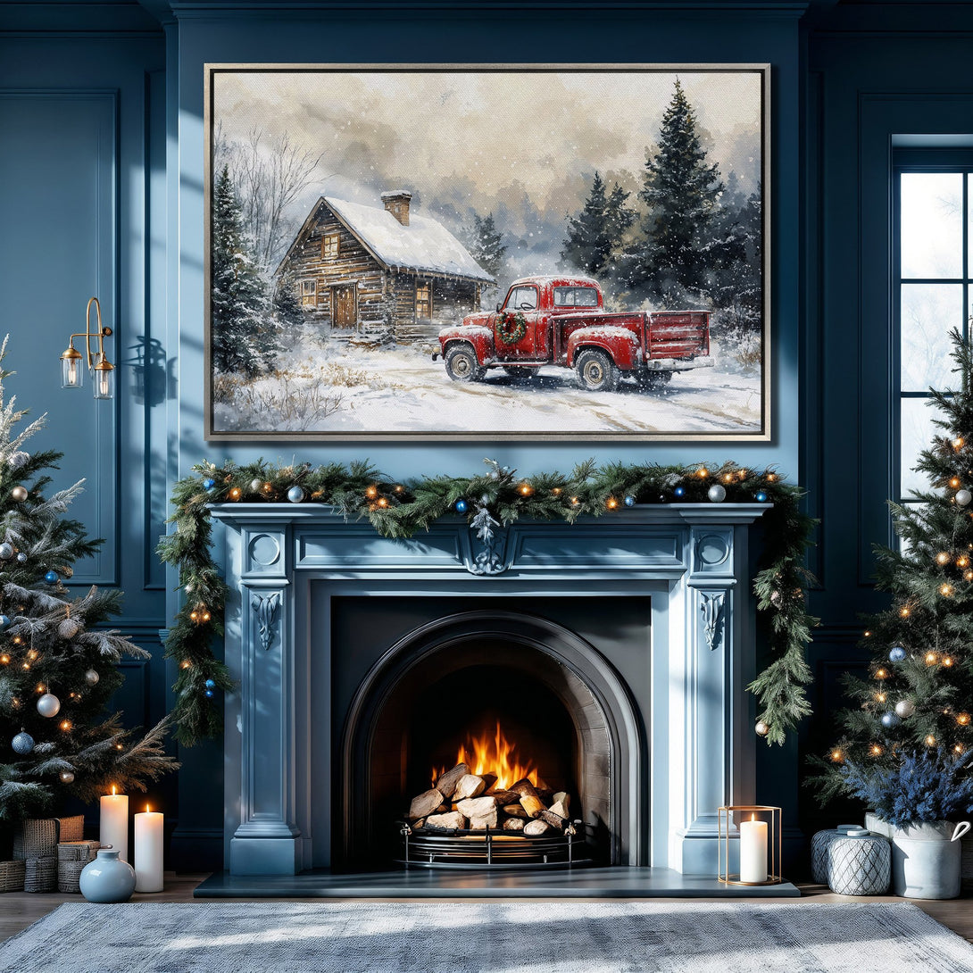 Framed Wall Art: Winter scene Canvas Print featuring a red truck & cabin in a snowy landscape. Warm, rustic tones with a cozy, holiday vibe.