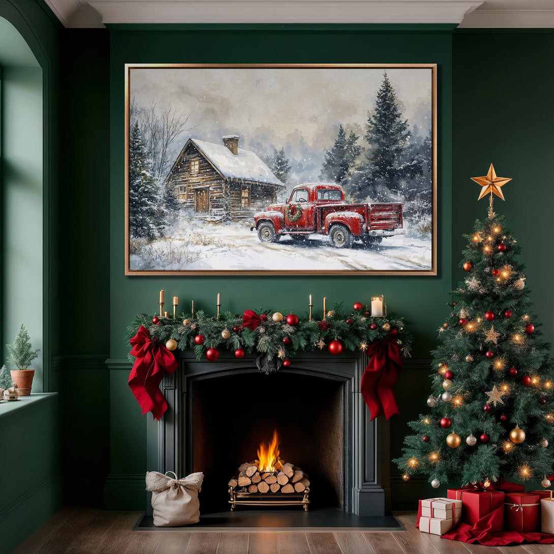 Framed Wall Art: Winter scene with red truck, cabin, and snowy landscape. Rustic style, warm color palette. Perfect for holiday decor.