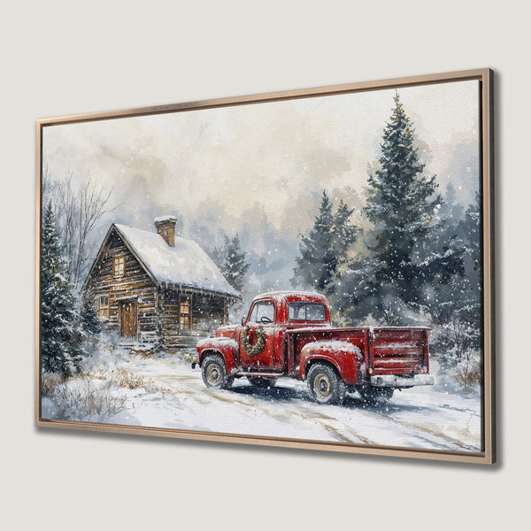 Framed Wall Art: Watercolor winter scene with red truck, cabin, and snowy forest. Rustic style in a neutral and red color palette. Perfect holiday decor.