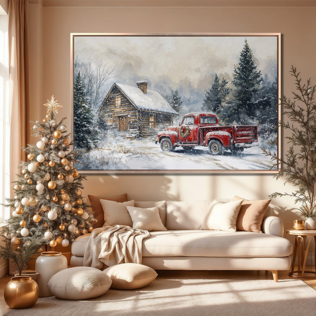 Framed Wall Art: Winter scene Canvas Print with red truck, cabin, and snowy forest. Warm neutral tones with a touch of red, perfect for holiday decor.