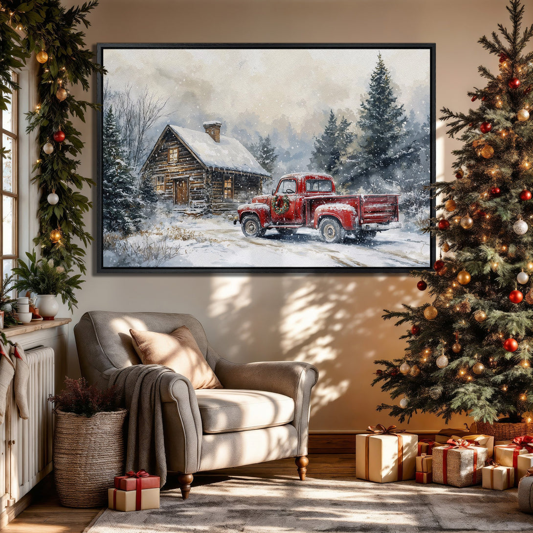 Framed Wall Art: Winter cabin scene with red truck. Watercolor style, neutral & warm color palette. Perfect holiday decor for cozy living rooms.