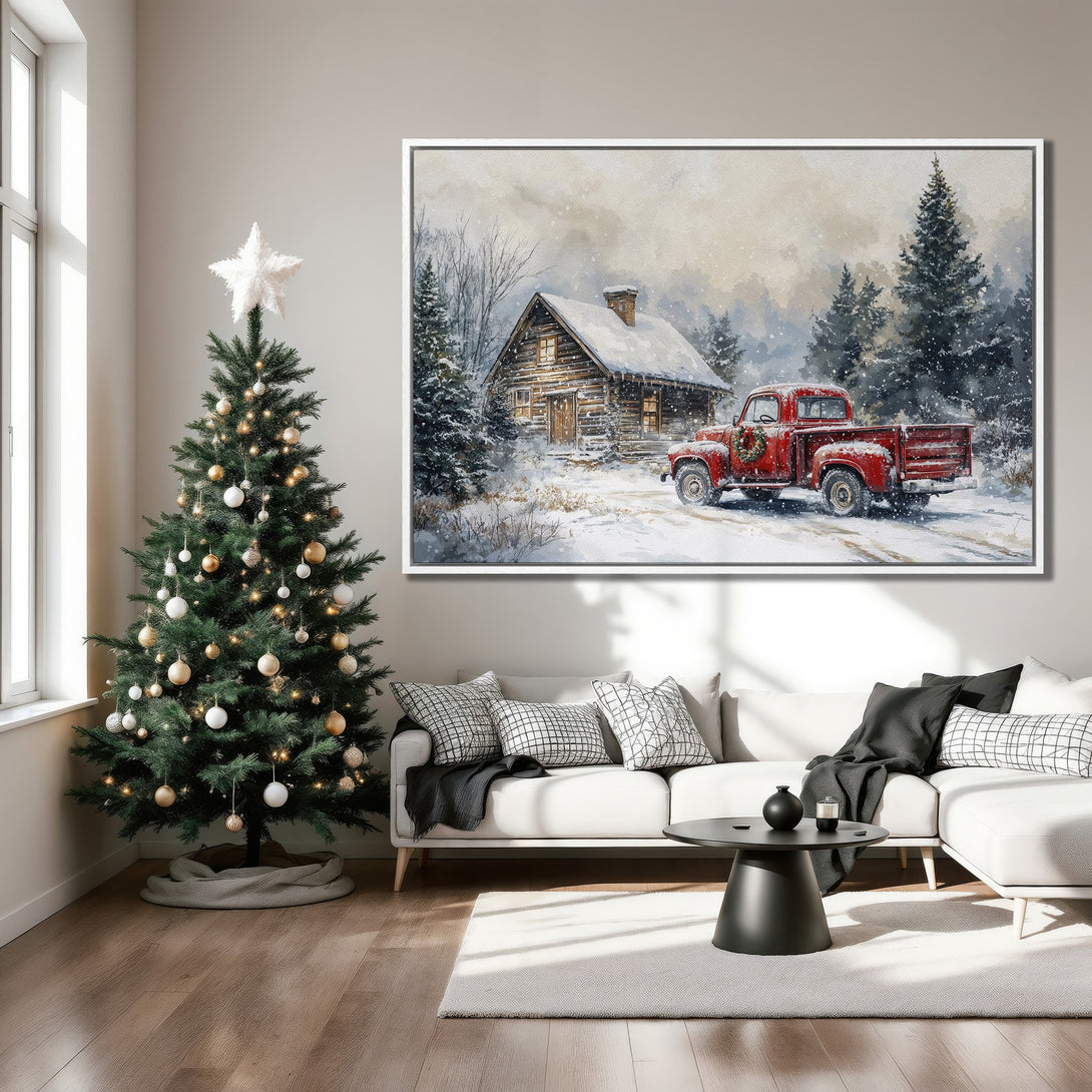 Framed Wall Art: Winter scene Canvas Print with red truck, cabin, and snowy trees. Rustic style, neutral and red color palette. Perfect holiday decor.