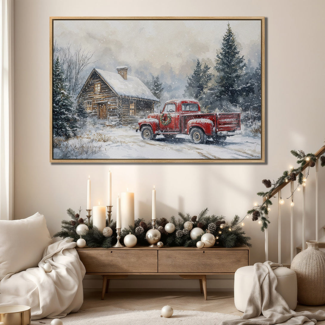 Framed Wall Art: Cozy winter scene with a red truck in a snowy landscape. Watercolor style, warm neutral color palette. Perfect for rustic home decor.