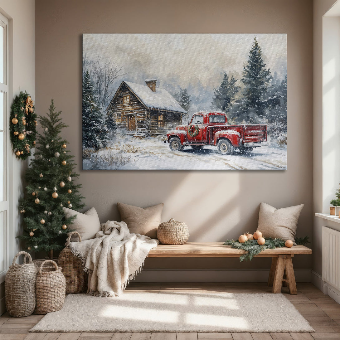 Framed Wall Art: Rustic winter scene with red truck and cabin. Watercolor style, neutral & warm color palette. Perfect for cozy decor.