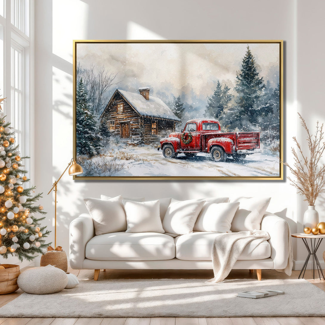 Canvas Print of a winter scene with a red truck, cabin, and snowy landscape. Warm, neutral color palette creates a cozy, inviting atmosphere.