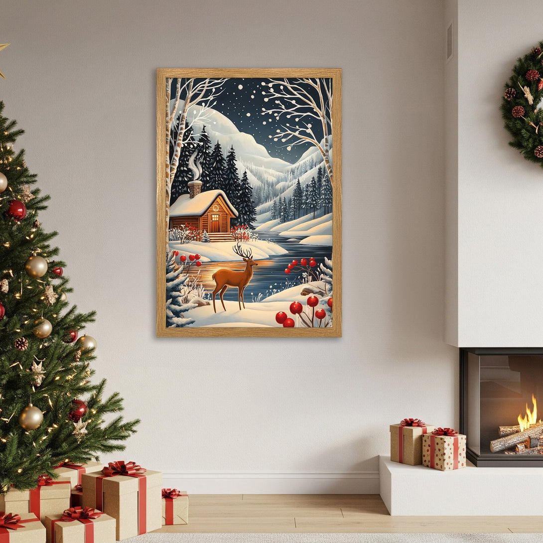 Framed Poster featuring a winter cabin scene in a cozy, illustrative style with a cool blue and warm brown palette. Perfect for holiday decor!