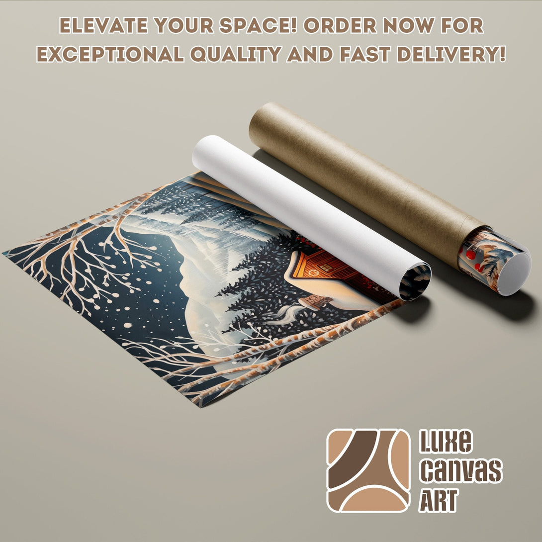 Poster Roll of winter landscape art, blue and brown color palette, perfect for home decor.