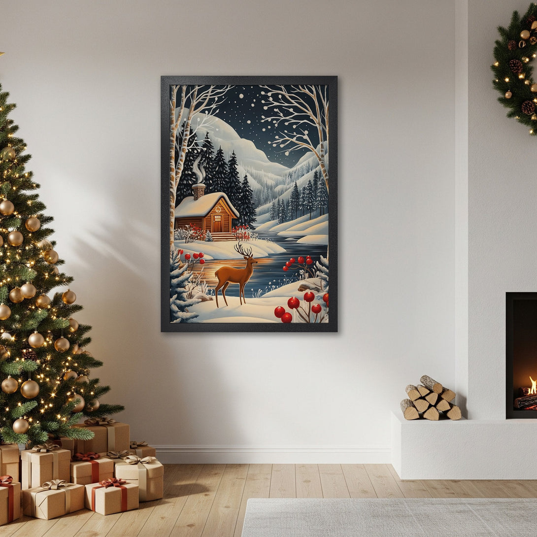 Framed Poster featuring a winter landscape with a cabin, deer, and snowy mountains. Cozy, illustrative style with a cool, muted color palette.