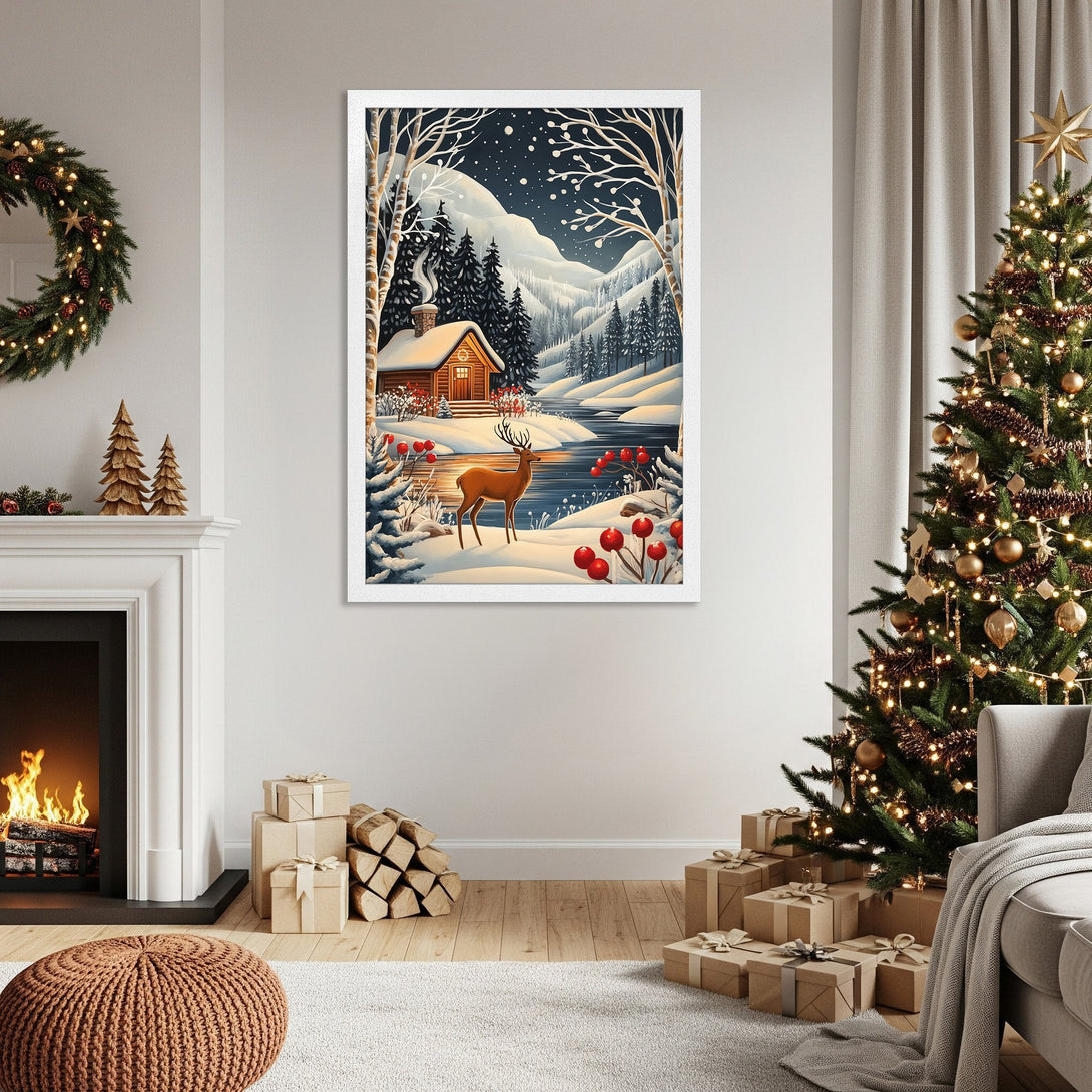 Framed Poster featuring a winter cabin scene in a cozy, illustrative style with a cool, neutral color palette. Perfect holiday decor!