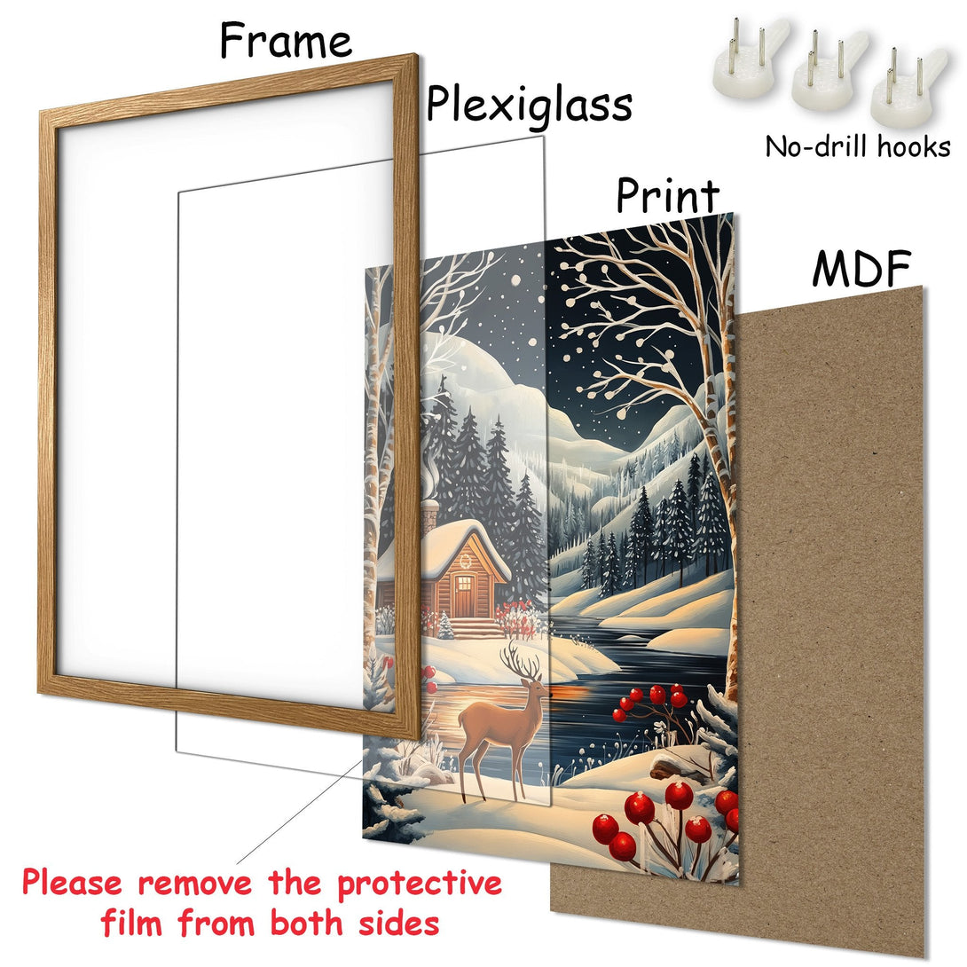 Framed Poster of a winter cabin scene. Rustic style with cool blues, whites, and warm browns. Perfect wall art for your home.