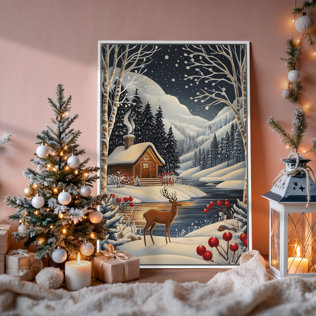 Framed Wall Art: Winter landscape Canvas Print with a cabin, deer, and snowy scene. Featuring a cool blue, white, and brown color palette for cozy holiday decor.