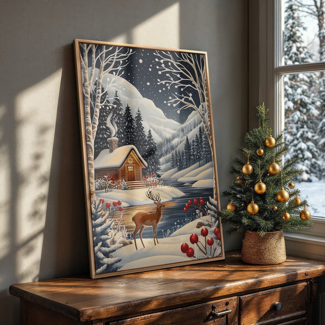 Framed Wall Art: Winter cabin scene with deer. Cozy, illustrated style, in a cool blue, white, and brown color palette. Perfect for holiday decor.