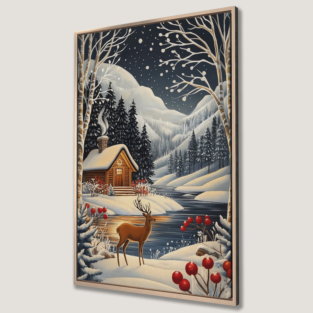Framed Wall Art: Winter cabin scene with deer, snowy landscape, and a cozy, illustrative style. Features a blue, white, and brown color palette. Perfect for holiday decor.