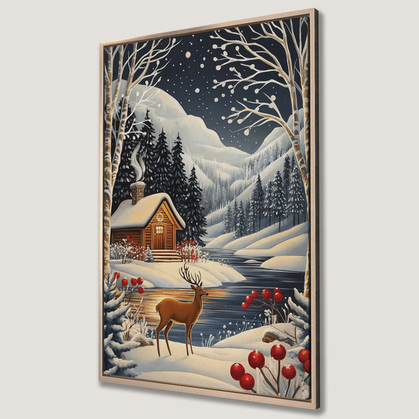 Framed Wall Art: Winter cabin scene with deer, snowy landscape, and a cozy, illustrative style. Features a blue, white, and brown color palette. Perfect for holiday decor.