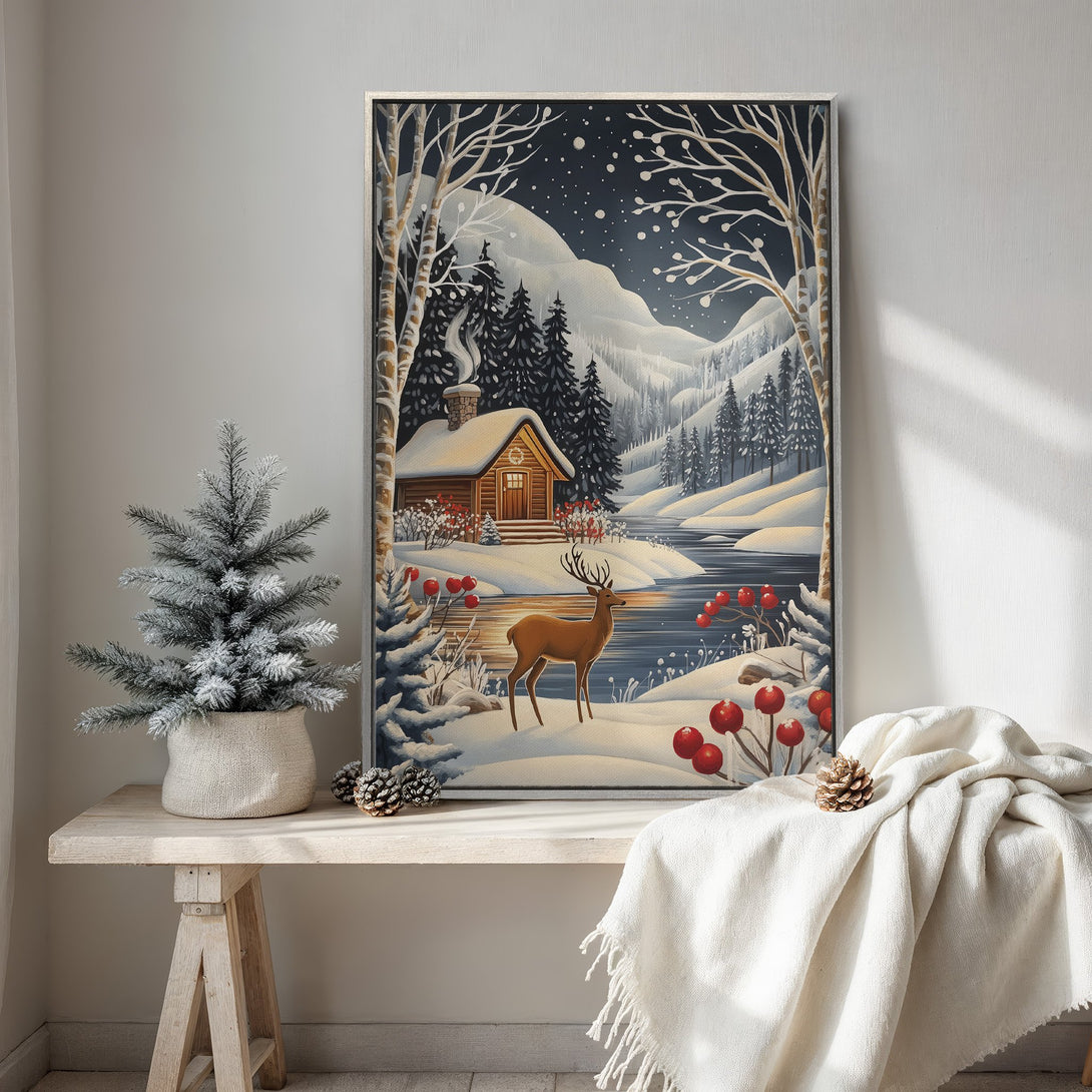 Framed Wall Art of a winter cabin scene in a cozy, illustrative style. Featuring a snowy landscape with a muted blue and brown color palette.