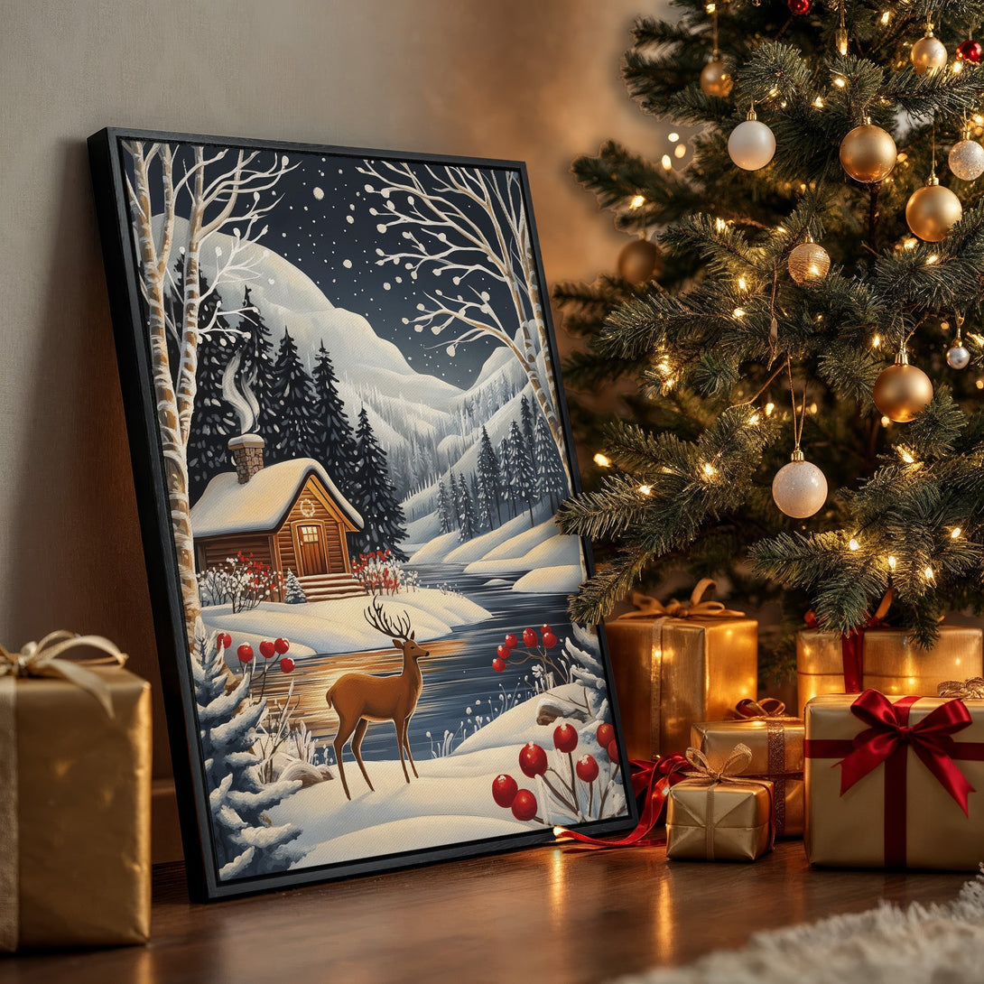 Framed Wall Art: Winter cabin scene in blue, white, and brown tones. Cozy art for your home. Perfect Christmas decor.