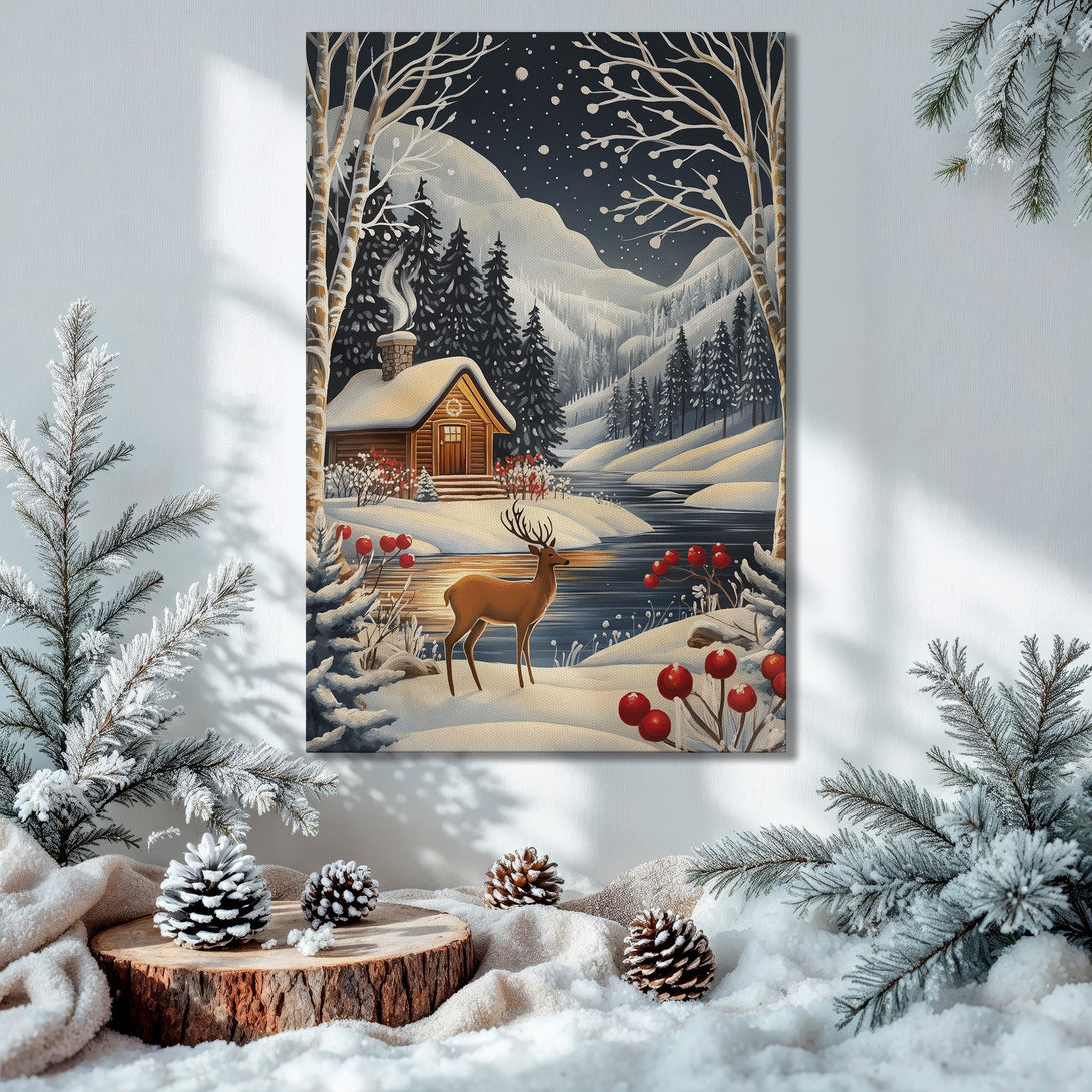 Framed Wall Art: Winter cabin scene in blue, white, and brown tones. Cozy artwork for your home. Perfect for holiday decor!