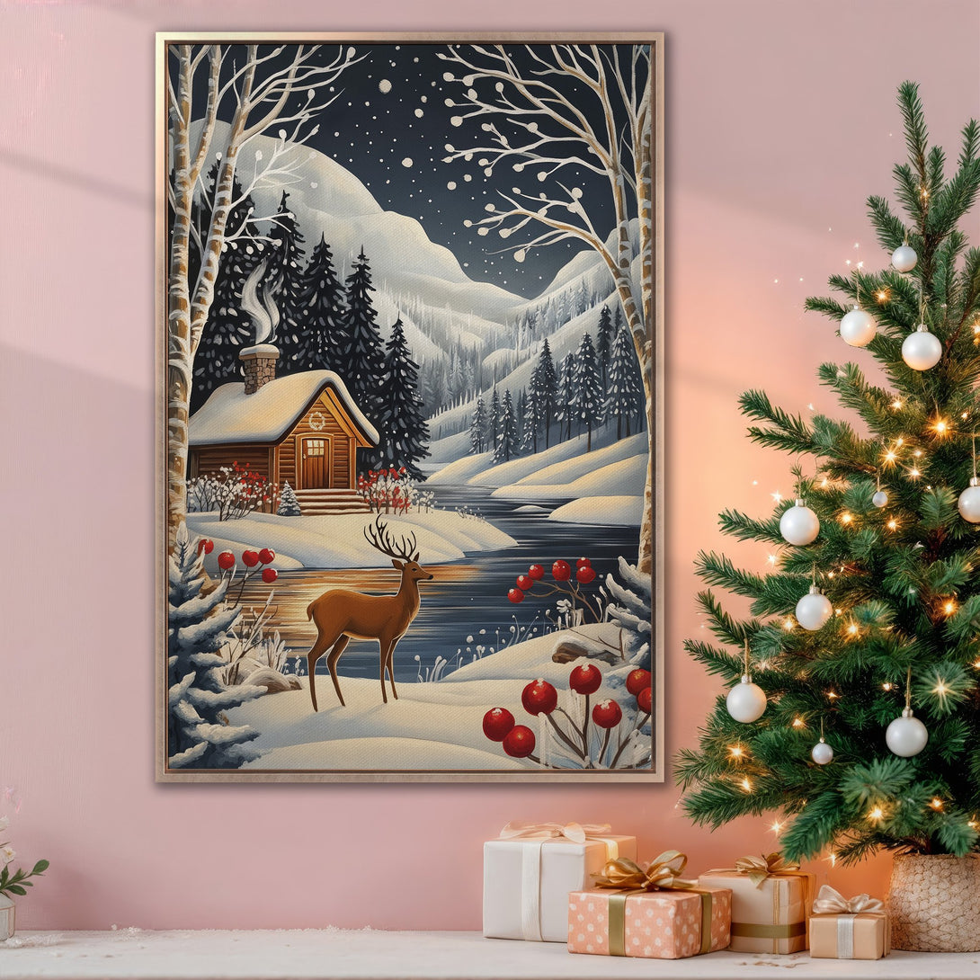 Framed Wall Art: Winter cabin scene in a snowy landscape. Rustic style with a cool, muted color palette. Perfect holiday decor!