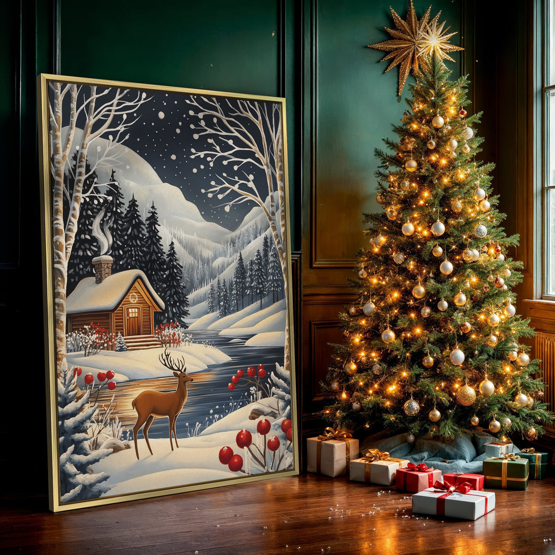 Canvas Print featuring a winter landscape with a cabin and deer, in a serene, illustrative style with cool blues, whites, and warm browns.