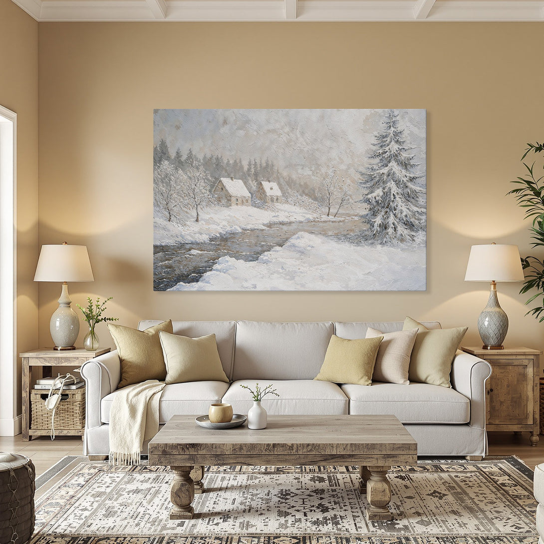 Framed Wall Art: Winter landscape Canvas Print with snowy river & cabins. Serene, textured painting in neutral & cool tones. Perfect for cozy decor.