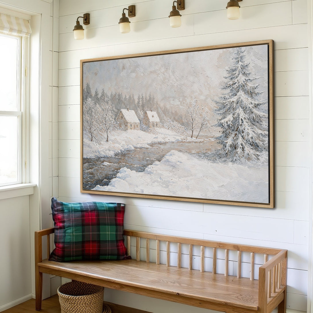 Framed Wall Art: Winter landscape canvas print in neutral tones, showcasing a snowy scene with a cozy cabin. Perfect for rustic home decor.