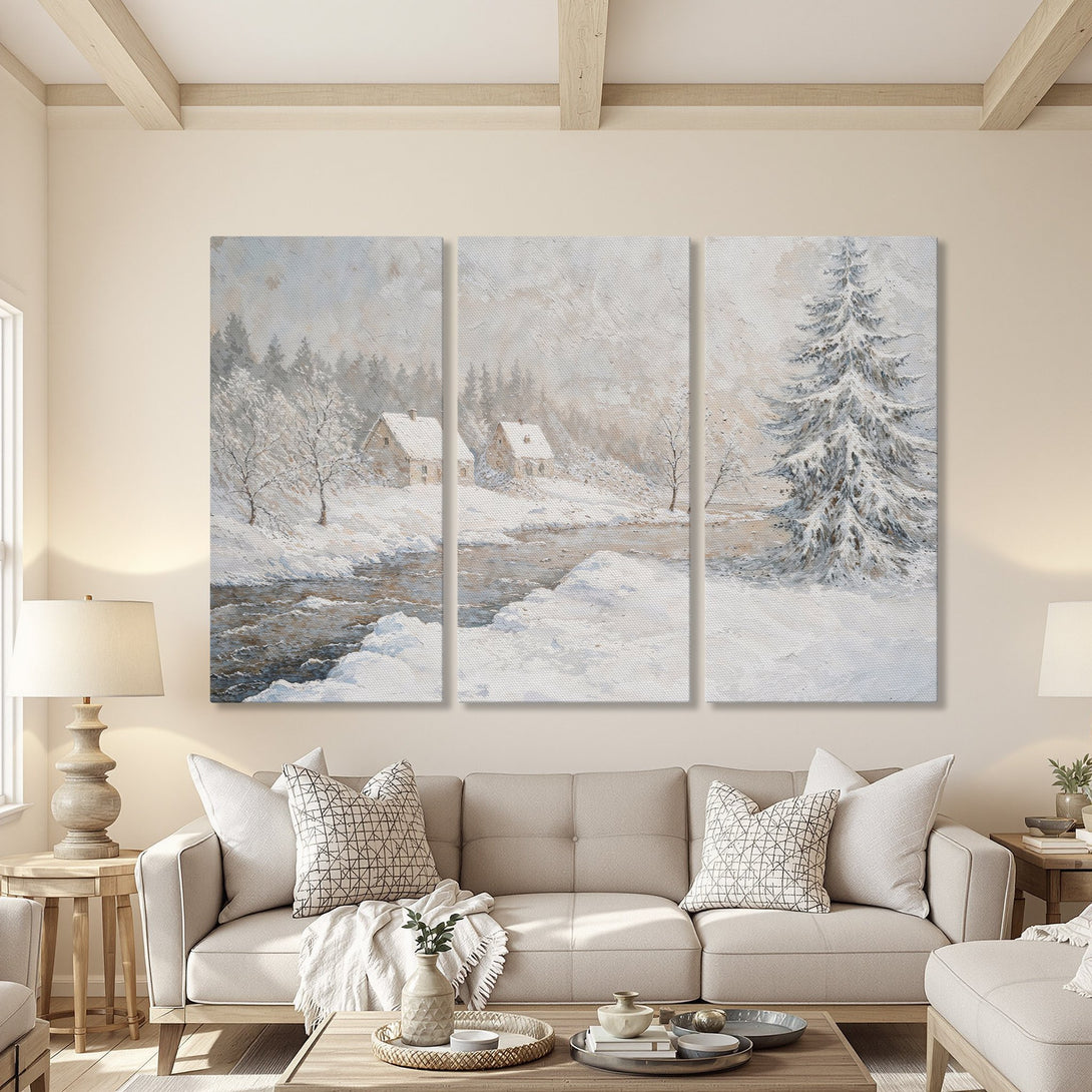 Canvas Print: Winter landscape art in neutral tones. Serene snowy scene with houses and a river, perfect for adding a touch of calm to your space.