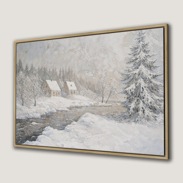 Framed Wall Art: Winter landscape painting featuring snow-covered cabins, river, and trees. Neutral color palette for a cozy, rustic aesthetic.