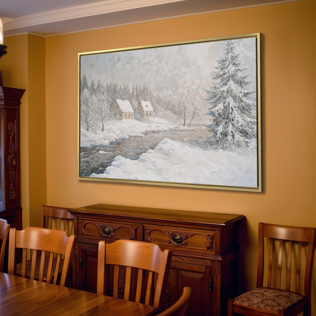 Canvas Print of a winter landscape painting in neutral tones, perfect for cozy home decor. Features snowy scene with cabins and a river.