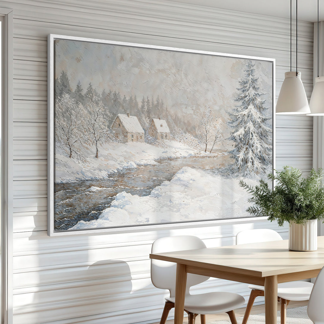 Framed Wall Art: Winter landscape canvas print in neutral tones. Cozy cabin scene with snowy river & trees. Perfect for adding a touch of serenity.