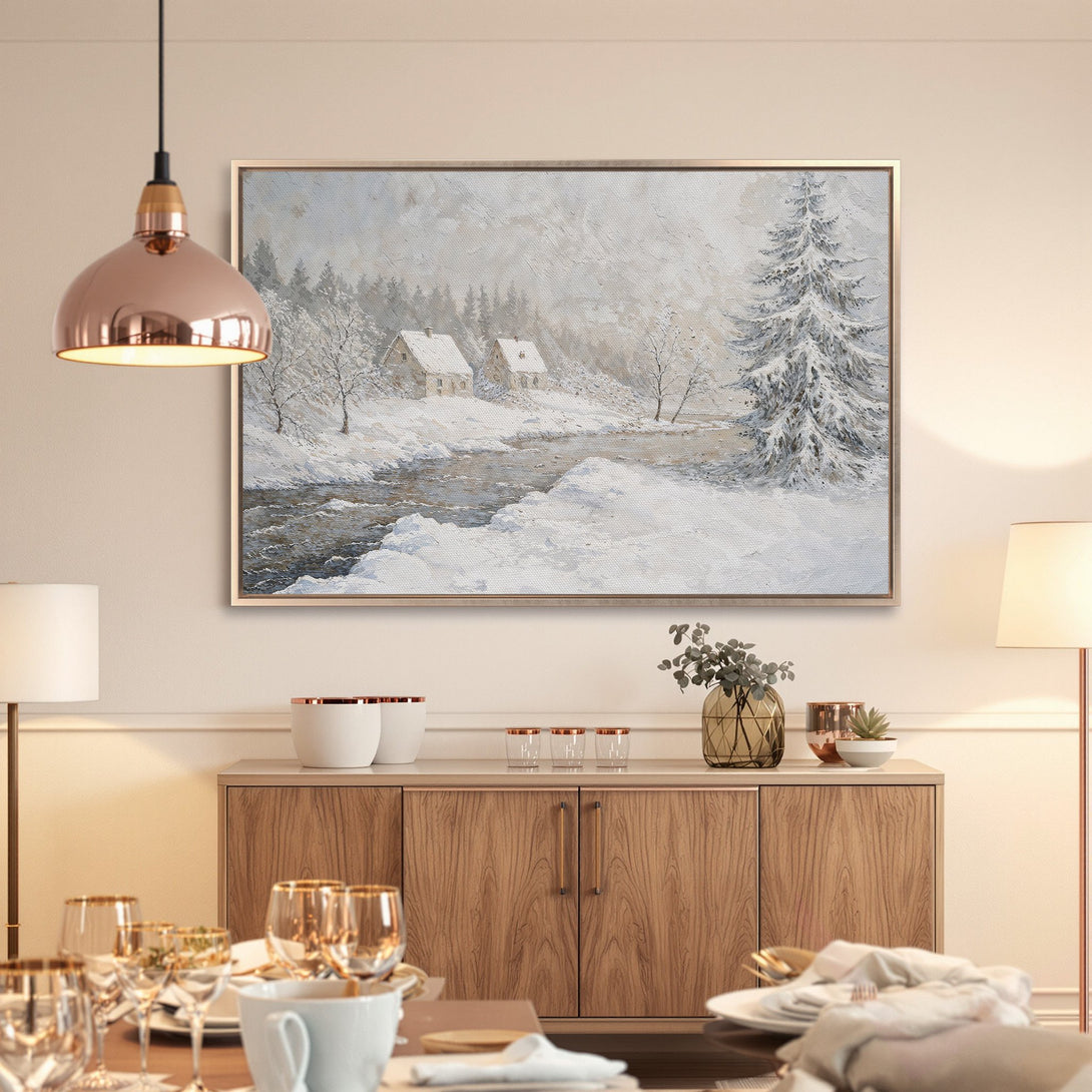 Framed Wall Art: Serene winter landscape Canvas Print in neutral tones. Bring the beauty of nature indoors with this stunning piece.